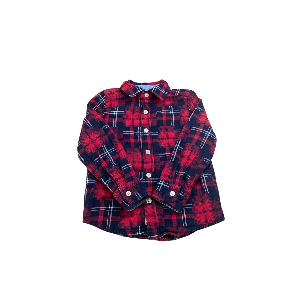 OshKosh B’gosh Shirt Button Down Toddler Boys 2T Red Navy Plaid 100% Cotton
